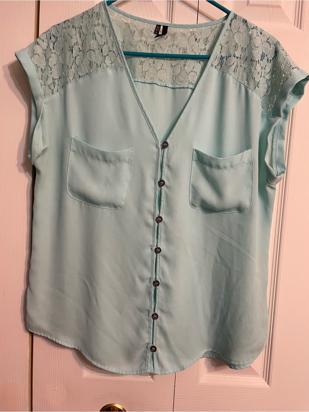 Maurices Light Aqua Lace-Yoke Button-Front Top